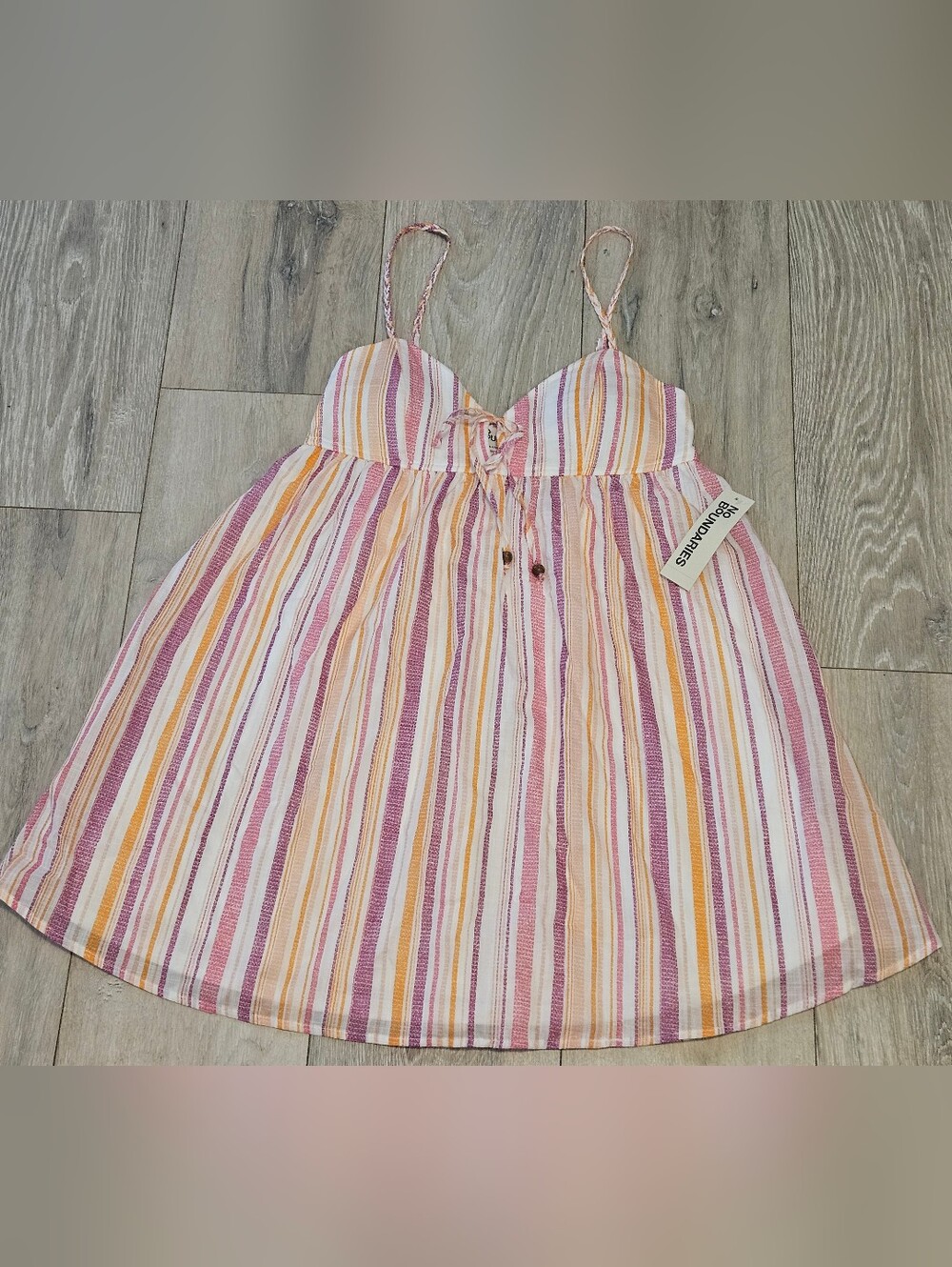 No Boundaries Cami A-Line Dress S (4-6) Winter White Striped Tie Front NWT